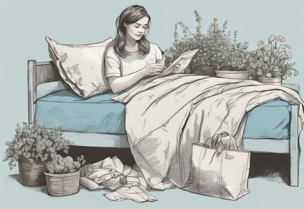 Vintage-Skizzenillustration in Hellblau zeigt verschiedene Möglichkeiten zur Wiederverwendung alter Bettwäsche, darunter Einkaufstaschen, Gartenarbeit, Haustierpflege und Spenden an Wohltätigkeitsorganisationen und Tierheime.