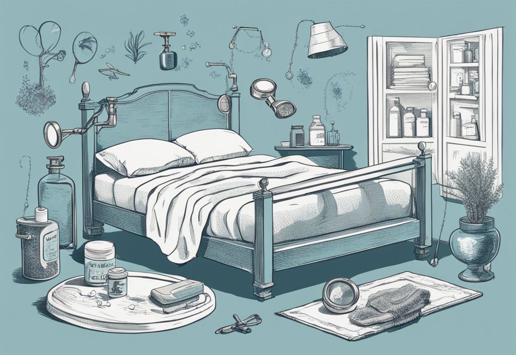 Vintage-Skizzenillustration eines Bettes mit einer Lupe, die Milben zeigt, sowie verschiedene natürliche Milbenabwehrmittel wie ätherische Öle und Reinigungsprodukte – was tun gegen Milben im Bett.