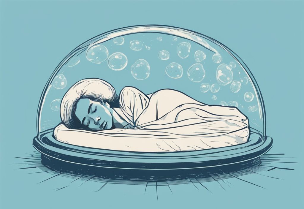 Vintage-Skizzenillustration einer Person, die friedlich auf einem Bett schläft, umgeben von einer transparenten Schutzblase, die die unterbewusste Aktivität des Gehirns darstellt.