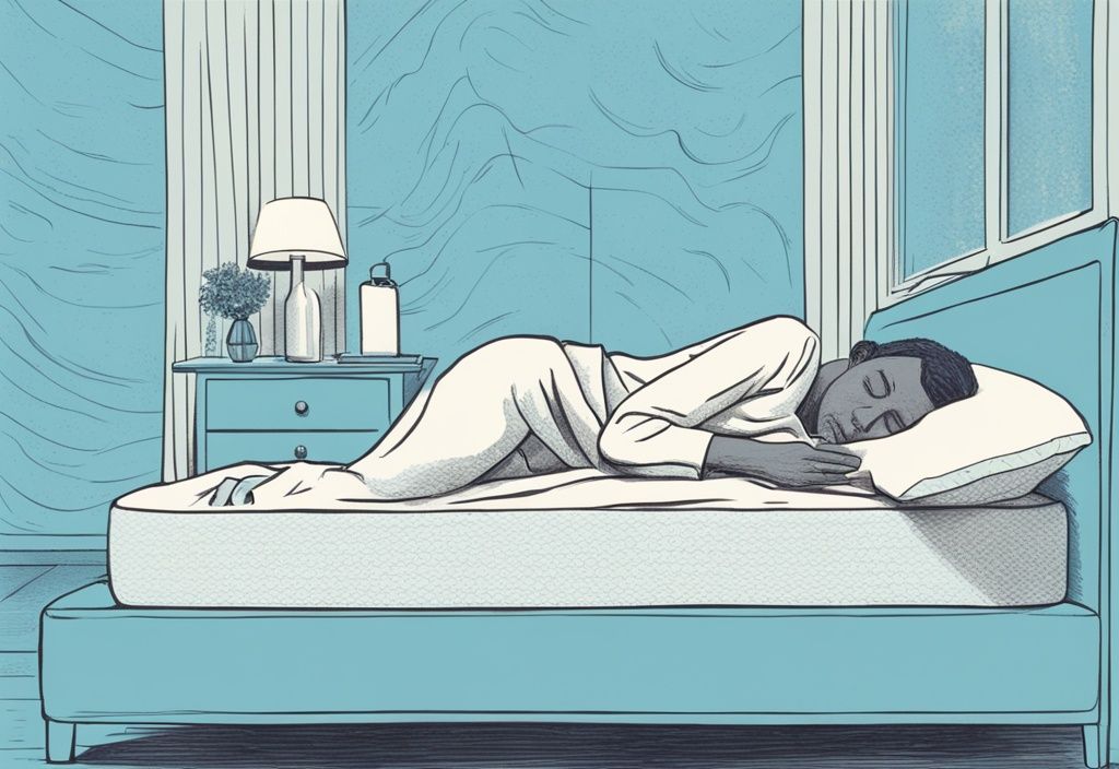 Vintage-Skizze einer Person, die versucht, auf einer nicht vollständig expandierten, neuen Memory-Foam-Matratze zu schlafen, Hauptfarbton hellblau
