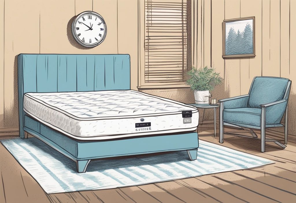 Vintage-Skizzenillustration einer neuen Matratze, noch verpackt, in einem gut belüfteten Raum mit einer Digitaluhr, die die Wartezeit zählt, neue Matratze wie lange liegen lassen.