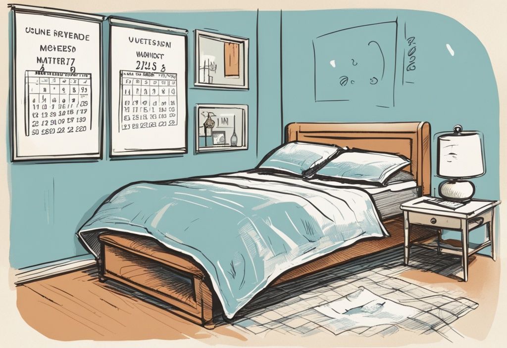 Vintage-Skizzenillustration in hellblau mit einem Kalender, der regelmäßige Termine für den Matratzenwechsel zeigt, an einem ordentlich gemachten Bett lehnend – wie oft Matratze wechseln.