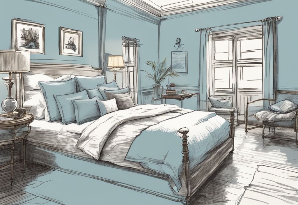 Vintage-Skizzenillustration eines ordentlich gemachten Bettes mit prallen Kissen, sauber gefaltetem Bettbezug und dekorativem Akzentwurf in hellblauer Farbgebung, wie in einem Hotelzimmer.
