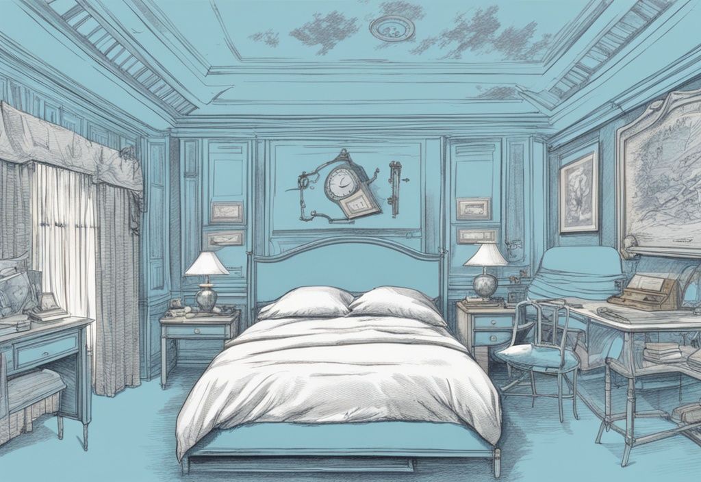 Vintage-Skizzenillustration eines 90x200 Bettes in Hellblau, umgeben von zeitgestempelten Bildern historischer Schlüsselperioden.