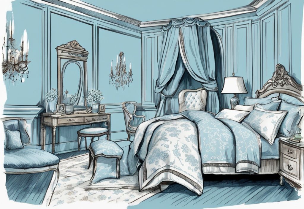 Vintage-Skizzenillustration mit hellblauem Farbschema, die luxuriöse Bettwäscheoptionen wie Bettdecken und Bettlaken in einem geschmackvoll dekorierten Schlafzimmer zeigt, welche Bettwäsche ist am besten.