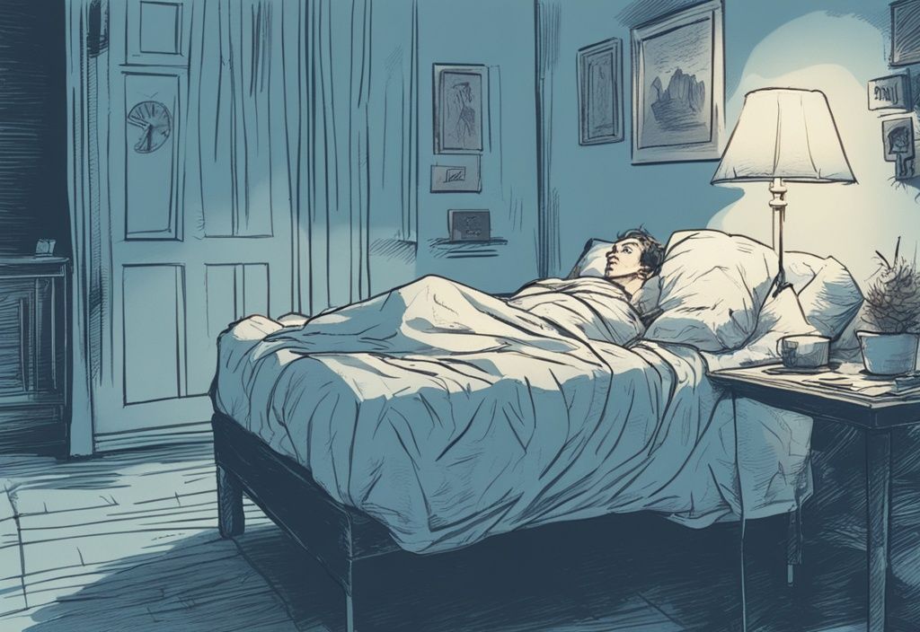 Vintage-Skizzenillustration einer Person, die nachts im Bett unter einer Decke liegt und sich den Arm kratzt, betont ihren gestressten Ausdruck im schwach beleuchteten Raum, Hauptfarbthema hellblau.