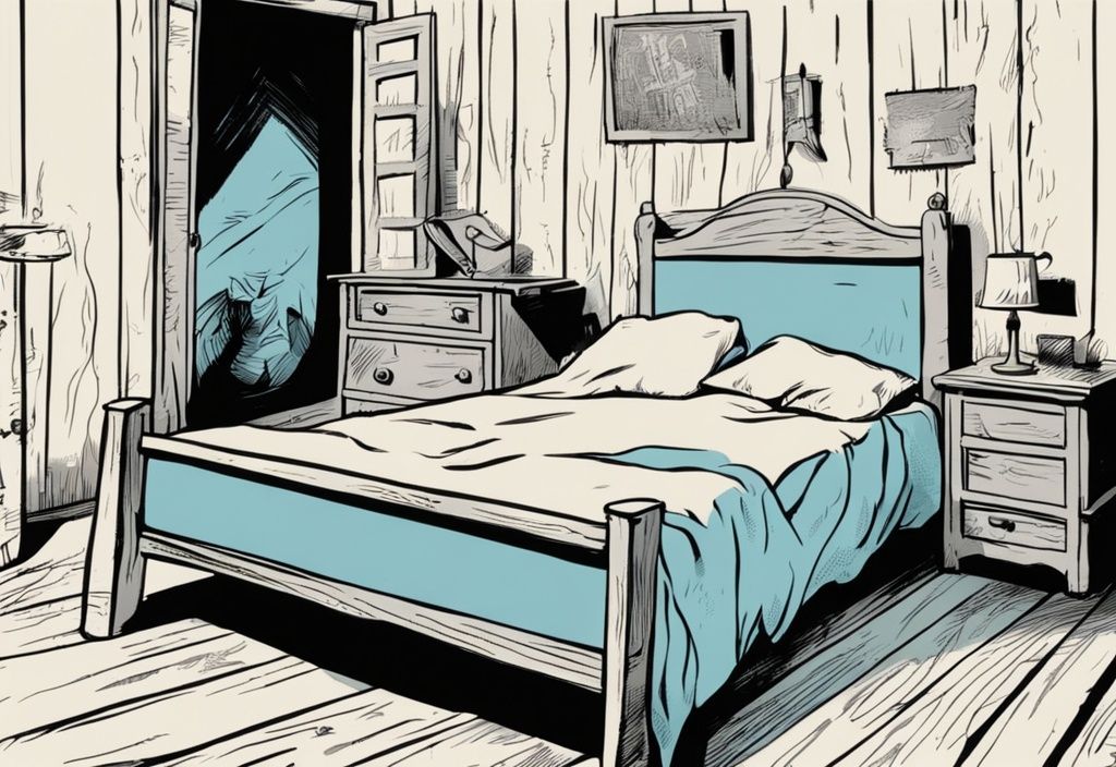 Vintage-Skizze eines gestressten Individuums auf einem alten Holzbett, Bett quietscht bei jeder Bewegung, Comic-Stil Soundeffekte, hellblaues Farbschema.
