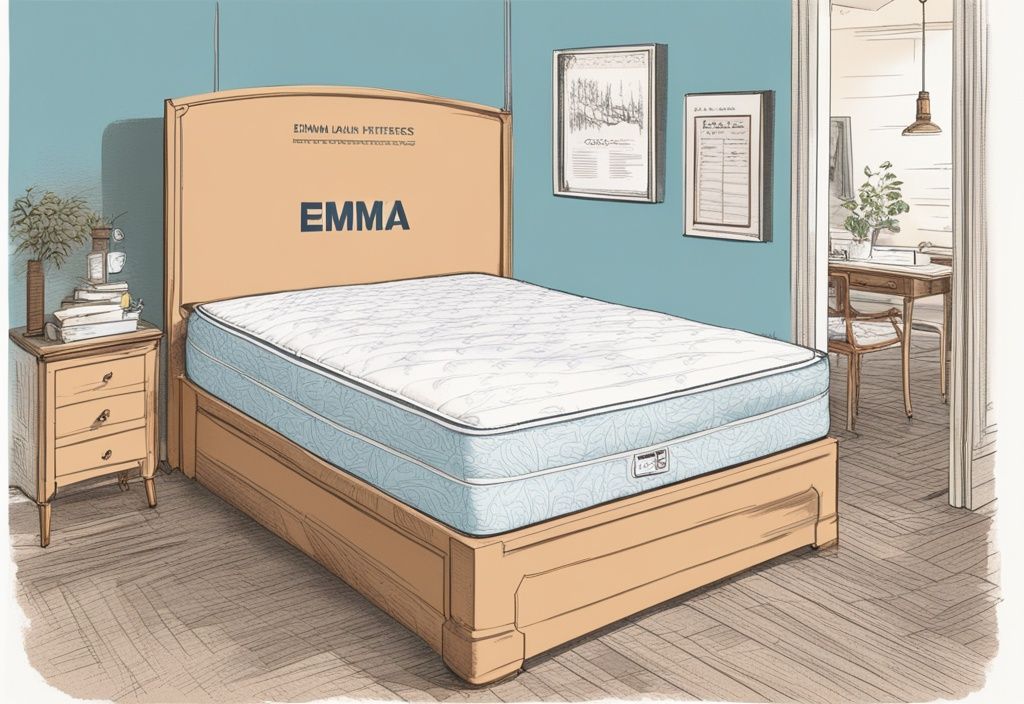Vintage-Skizze in Hellblau: Emma Matratze zurückschicken wie verpacken, ordentlich verpackt in einer Box, mit Schritt-für-Schritt-Anleitung im Hintergrund.