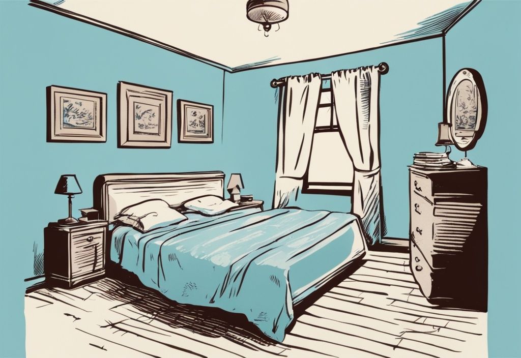 Vintage-Skizzen-Illustration eines ordentlich eingerichteten Schlafzimmers mit hellblauem Farbschema und einem Kalender an der Wand zur Markierung der Bettwäschewechsel-Häufigkeit.