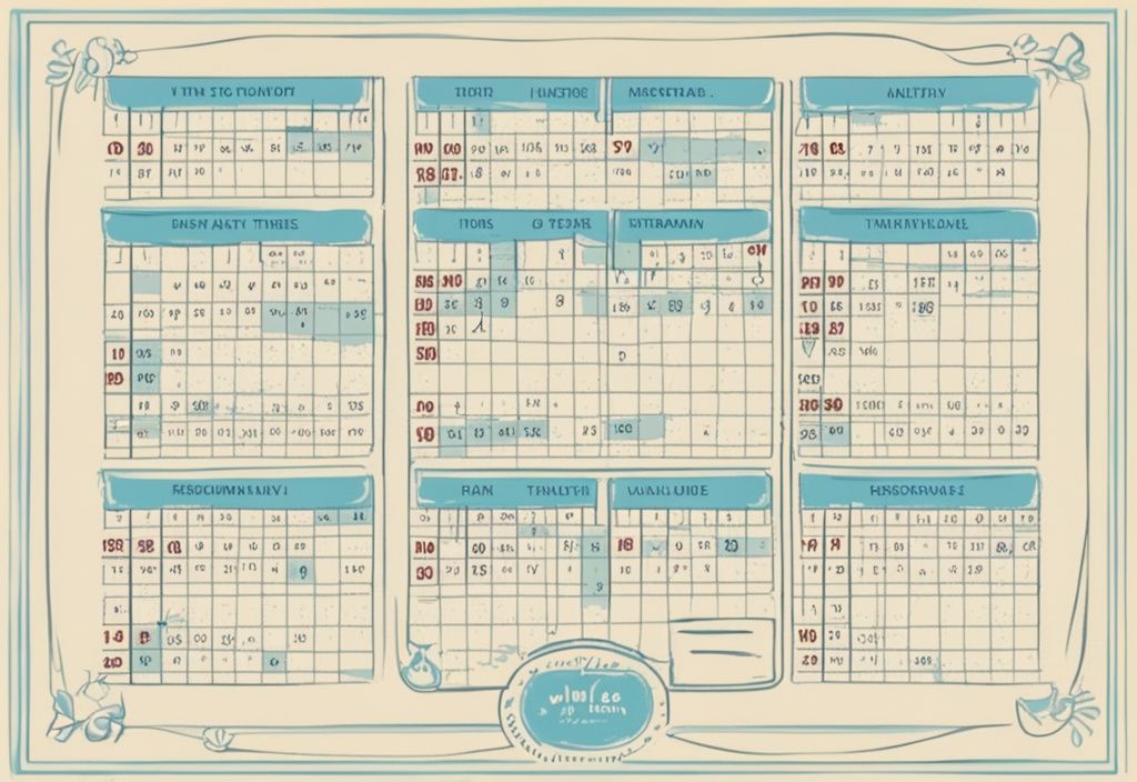 Vintage-Skizzenillustration mit hellblauem Farbschema, die eine Infografik mit einem Kalender zeigt, der die empfohlenen Zeiten zum Wenden einer Matratze im Jahr darstellt.
