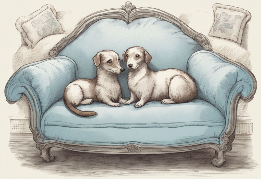 Vintage Skizzenillustration, hellblaue Farbthematik, kleine langgestreckte Tiere wie Frettchen und Dackel, gemütlich auf einem weichen, kuscheligen Bett.