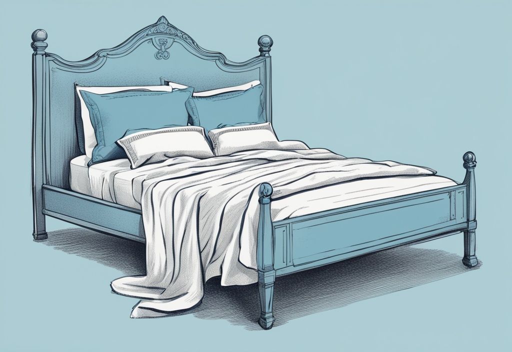 Vintage-Skizzenillustration eines ordentlich gemachten Bettes mit glatter Renforce-Bettwäsche, Hauptfarbthema Hellblau, und einem angrenzenden Etikett, das die einzigartigen Eigenschaften und Vorteile beschreibt.