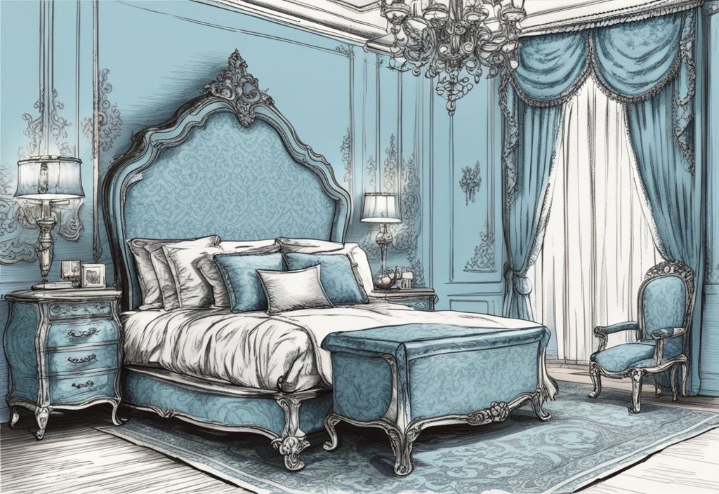 Vintage Skizze einer luxuriösen Schlafzimmerkulisse mit perfekt gemachter Damast Bettwäsche in Hellblau, die das Muster und die luxuriöse Textur zeigt. was ist Damast Bettwäsche