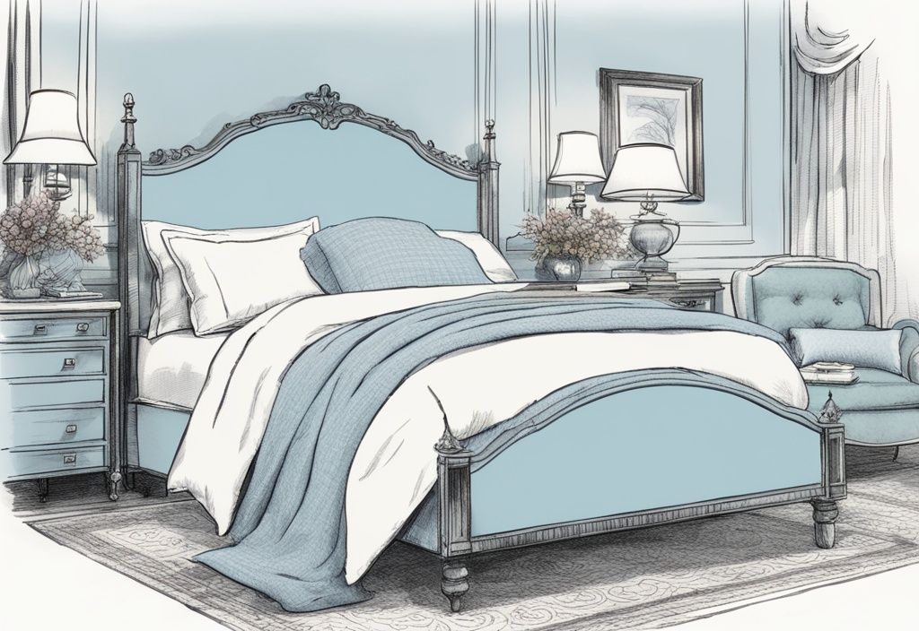 Vintage-Skizze eines perfekt gemachten Bettes mit weißen Laken, flauschiger Bettdecke, mehreren Kissen und einem eleganten Bettläufer in hellblauem Farbschema – Bett machen wie im Hotel.