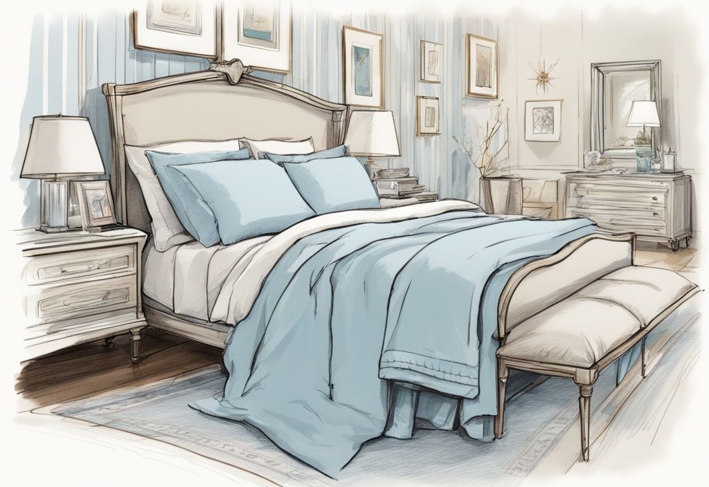 Vintage-Skizzenillustration eines perfekt gemachten Bettes mit weißen Laken, flauschiger Bettdecke, mehreren Kissen und einem eleganten Bettläufer, Bett machen wie im Hotel.
