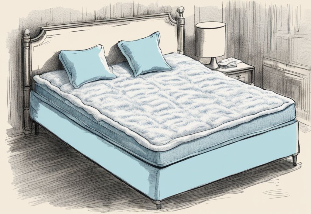 Vintage-Skizzenillustration mit hellblauem Farbschema, die eine nackte Matratze zeigt, die mit einem flauschigen und bequemen Bett-Topper bedeckt wird, der die weiche Textur und Dicke demonstriert; was ist ein Topper fürs Bett.