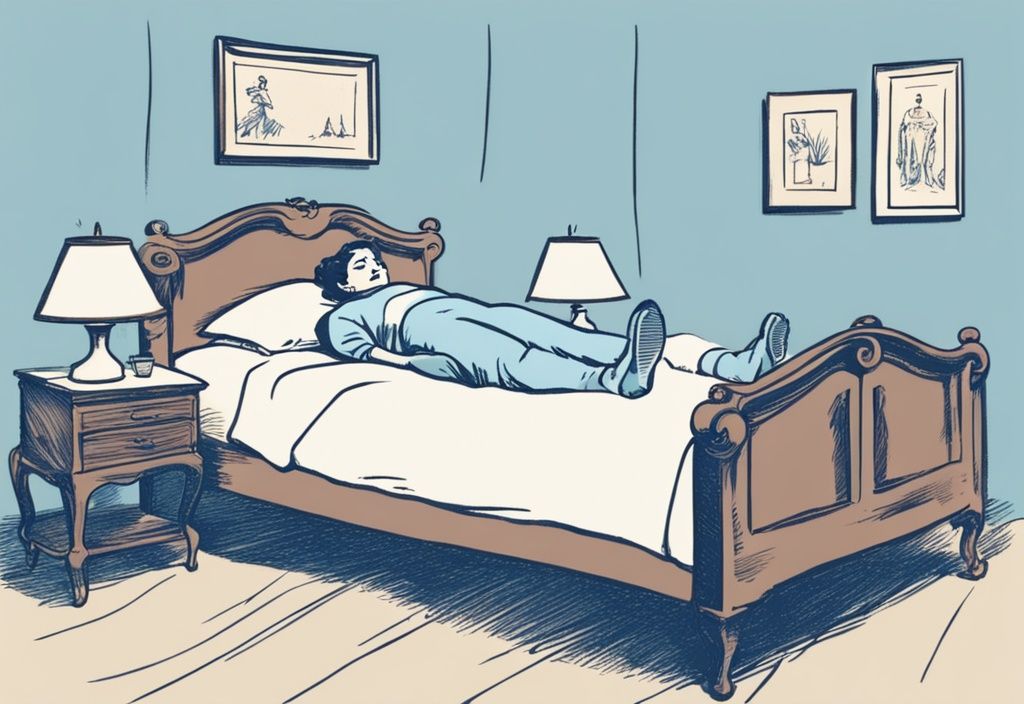 Vintage-Skizzenillustration einer Person, die im Bett eine sanfte Dehnübung zur Linderung von Lumbago-Schmerzen durchführt, Hauptfarbthema Hellblau.