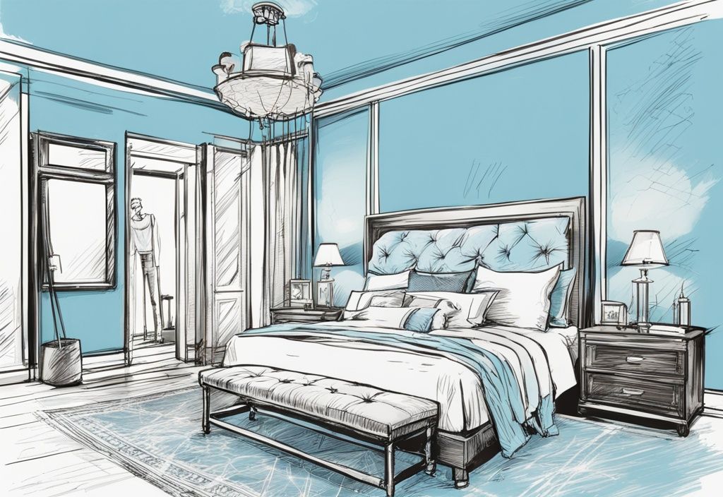 Vintage Skizzenillustration eines geräumigen, stilvollen Schlafzimmers mit einem Kingsize-Bett und klar markierten Maßen, Hauptfarbthema Hellblau, Infografik-Stil.