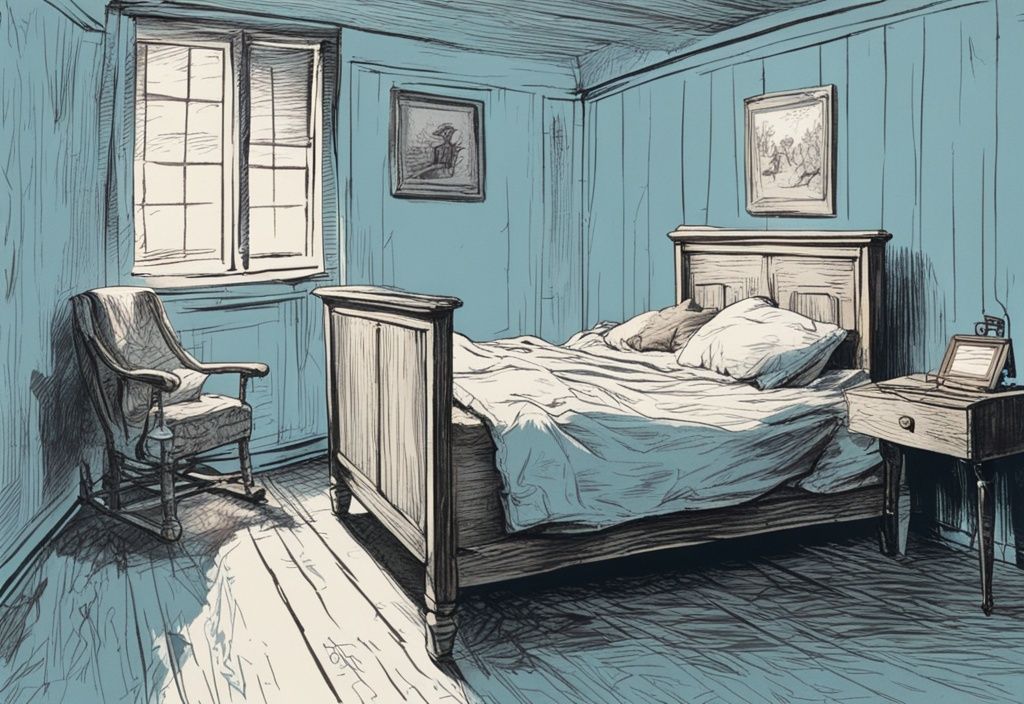 Vintage-Skizze einer Person, die sich in einem alten, hölzernen Bett umdreht, mit hellblauem Farbthema, während das Bett laut quietscht.