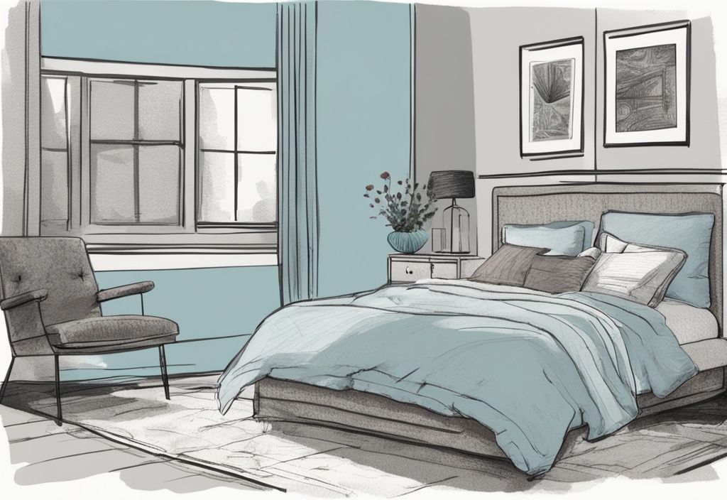 Vintage-Skizzenillustration mit grauem Bett, das mit vielfältiger Bettwäsche in verschiedenen Texturen und Farben geschmückt ist, welche eine gemütliche und einladende Atmosphäre schafft.