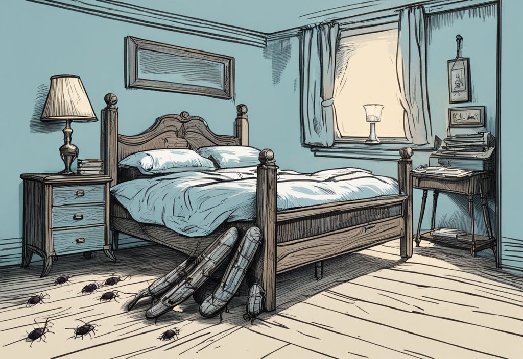 Vintage-Skizzenillustration in Hellblau: Bettwanzen kriechen ein hölzernes Bettbein hinauf zu einem ordentlich gemachten Bett in einem schwach beleuchteten Raum - wie kommen Bettwanzen ins Bett