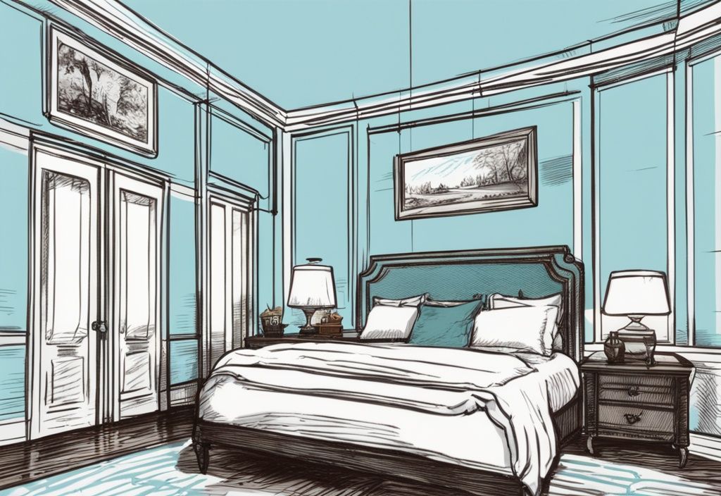 Vintage-Skizze eines Kingsize-Betts mit sichtbaren Maßen in einem mittelgroßen Schlafzimmer, wie groß ist ein Kingsize Bett