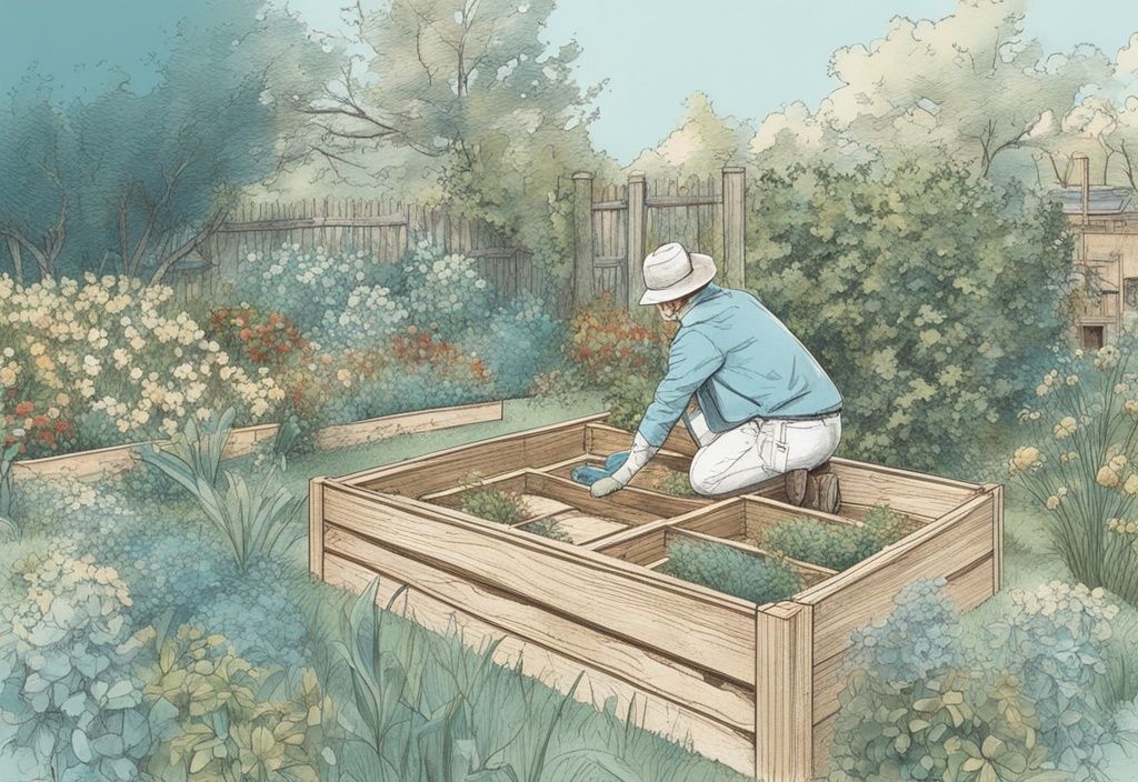 Vintage-Skizze eines Heimwerkers im lebhaften Garten, der ein robustes Hochbeet mit versteckten Staufächern zusammenbaut, Hauptfarbton hellblau.