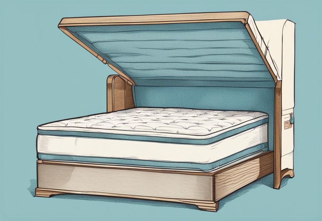 Vintage-Skizzenillustration eines Boxspringbetts mit aufgeschnittener Matratze, welche Matratze für Boxspringbett zeigt, in hellblauer Farbgebung