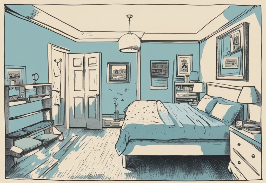 Vintage-Skizzenillustration in Hellblau mit Kalender an der Wand und einer Person, die in einem ordentlich organisierten Schlafzimmer eine Matratze wendet, wie oft Matratze wenden