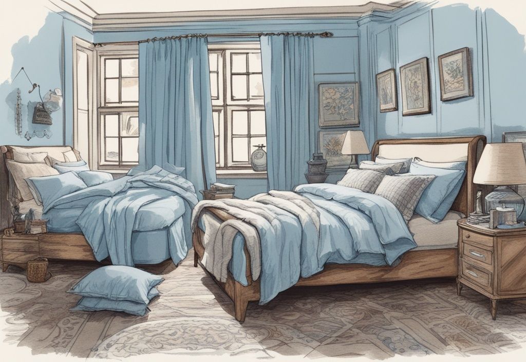 Vintage Skizzenillustration von verschiedenen Bettwäsche-Stilen in Baumwolle, Seide, Leinen und Flanell in einem gemütlichen, gut beleuchteten Raum, Hauptfarbthema hellblau
