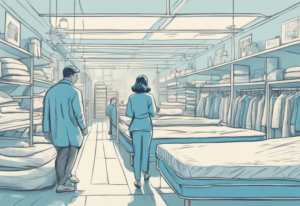Vintage Illustration eines Paars in einem Matratzenladen mit Checkliste, Hauptfarbe Hellblau