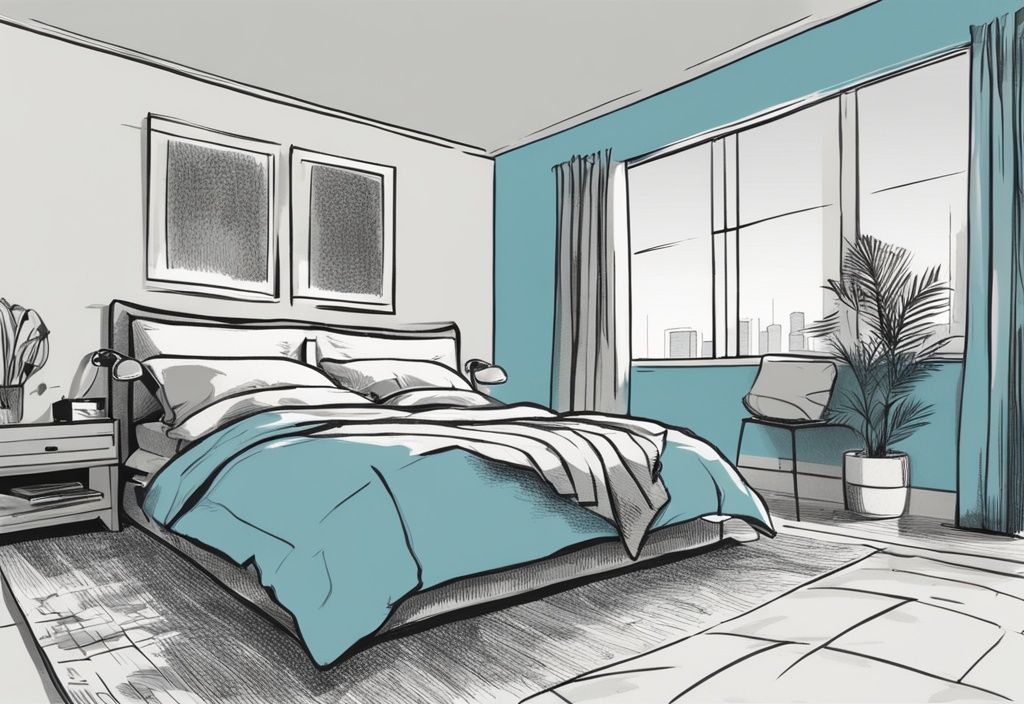 Vintage-Skizzenillustration eines minimalistischen Schlafzimmers mit grauem Bett vor einer kontrastreichen Wandfarbe, welche Wandfarbe passt zu grauem Bett.