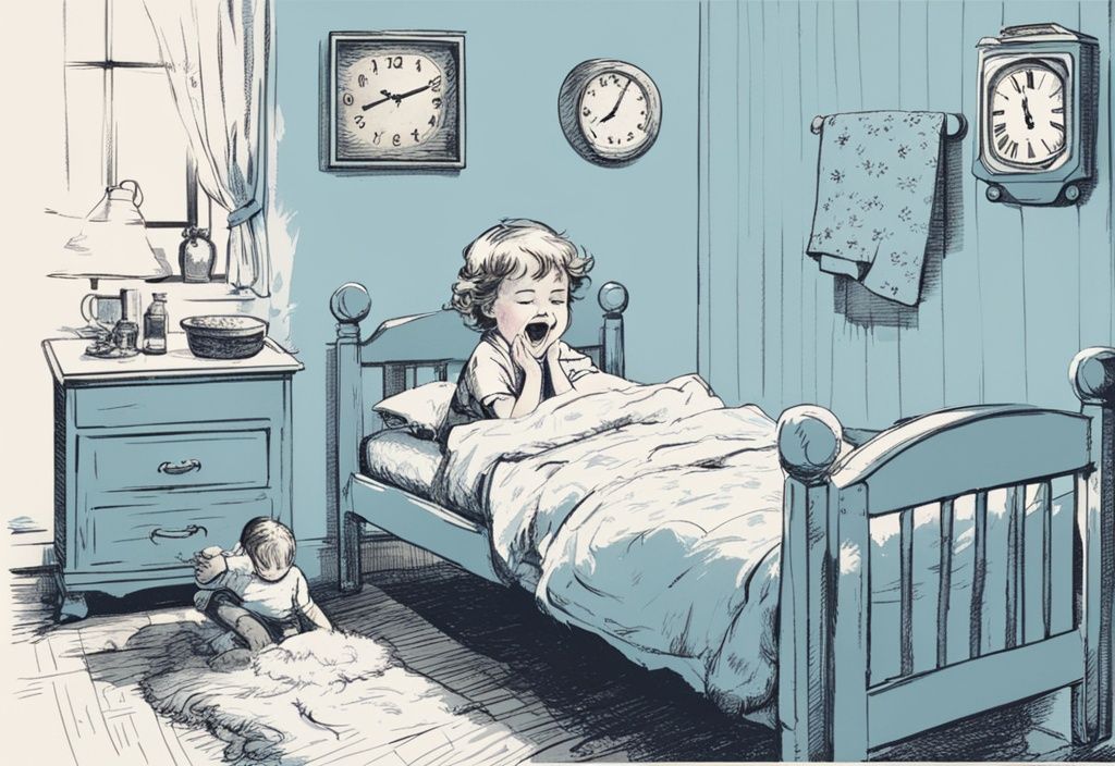 Vintage-Skizze eines gähnenden Kindes, das sich für das Bett fertig macht, mit einer digitalen Uhr im Hintergrund, die eine frühe Abendzeit anzeigt, Hauptfarbe Hellblau