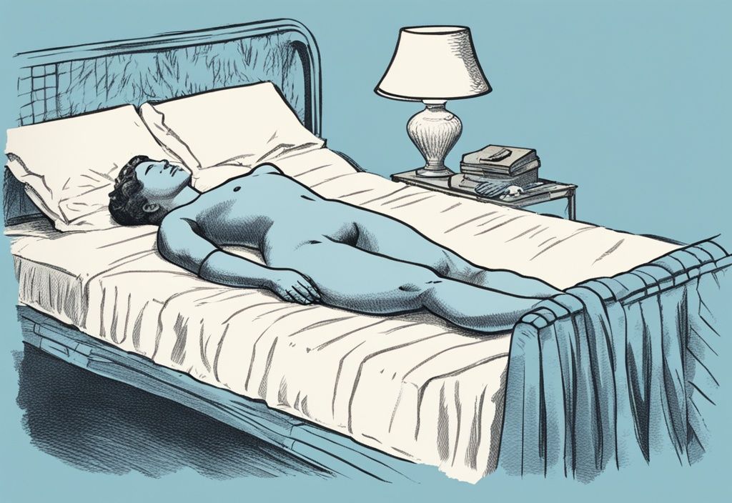 Vintage Illustration einer Person, die im Bett auf dem Rücken liegt und LWS Übungen im Bett mit Knie-zur-Brust-Stretches durchführt, Hauptfarbe hellblau.