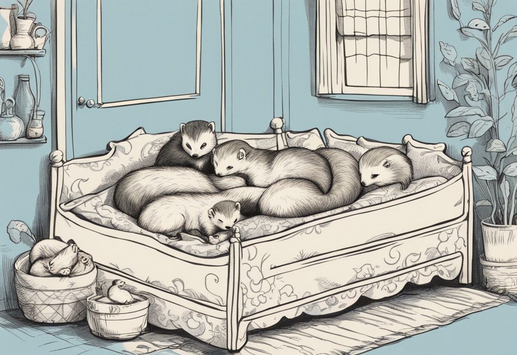 Vintage-Skizzenillustration von kleinen länglichen Tieren im Bett, wie Frettchen und Wiesel, die friedlich in einem gemütlichen, plüschigen Bett schlafen, mit einem Hauptfarbthema in Hellblau.