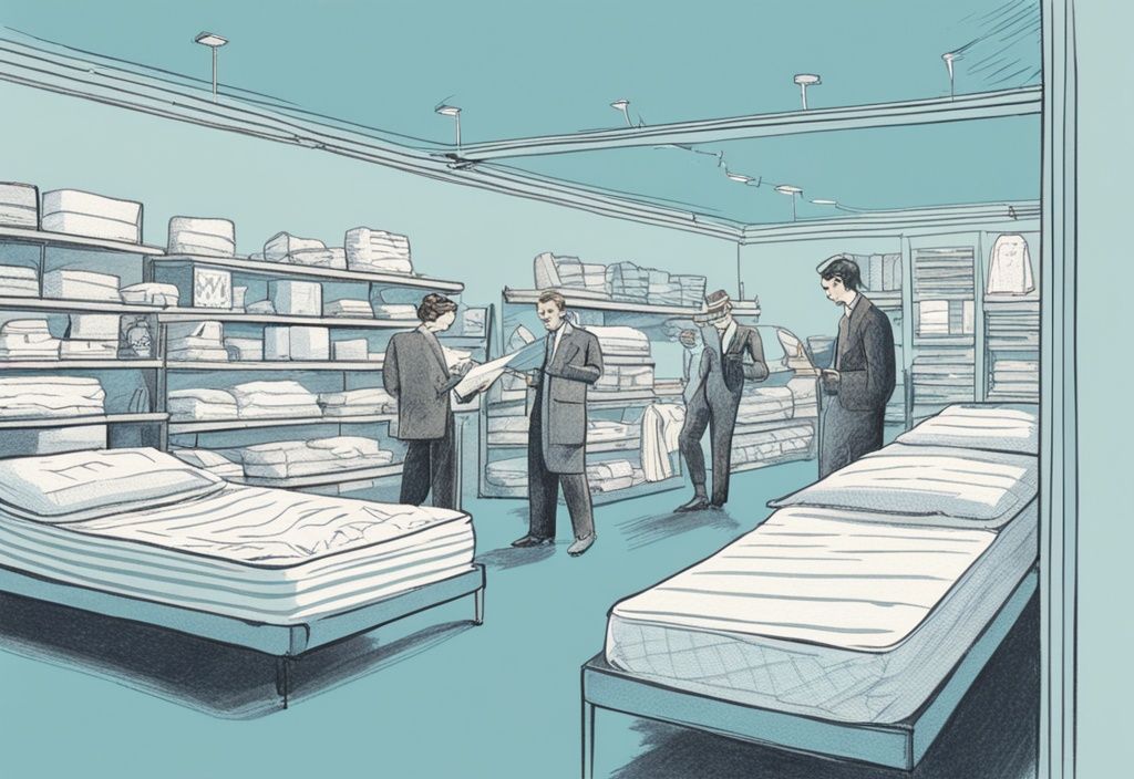 Vintage-Skizzenillustration in hellblau: Paar im Matratzenladen mit Checkliste, verschiedene Matratzen betrachtend.