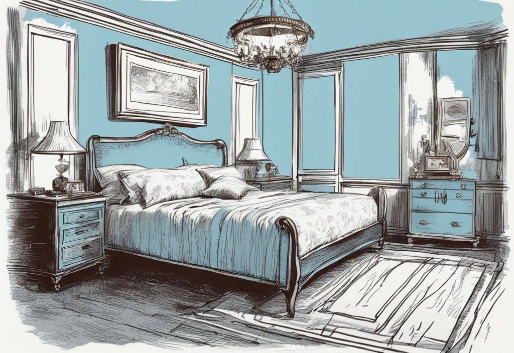 Vintage-Skizzenillustration eines gut gestalteten Schlafzimmers mit elegantem Bett und Preisschild, Hauptfarbe hellblau, wie viel kostet ein Bett.