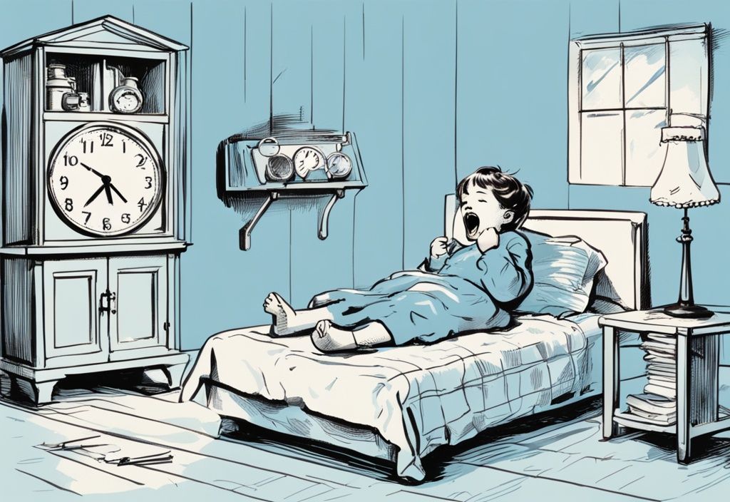 Vintage-Skizzenillustration eines gähnenden Kindes, das sich für das Bett fertig macht, mit digitaler Uhr im Hintergrund, die eine frühe Abendzeit anzeigt, in hellblauem Farbschema.