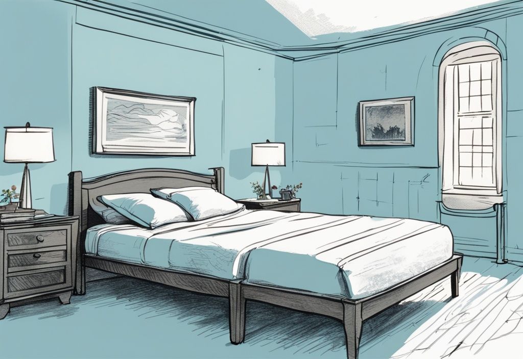 Vintage-Skizze eines Einzelbetts mit markierten Abmessungen in einem gut beleuchteten, minimalistischen Schlafzimmer, Hauptfarbton hellblau