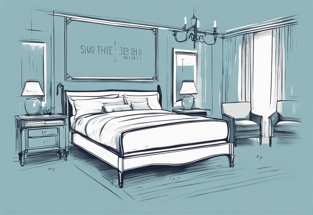 Vintage-Skizzenillustration eines geräumigen, stilvollen Schlafzimmers mit einem King-Size-Bett und klar markierten Maßen, Hauptfarbthema hellblau.