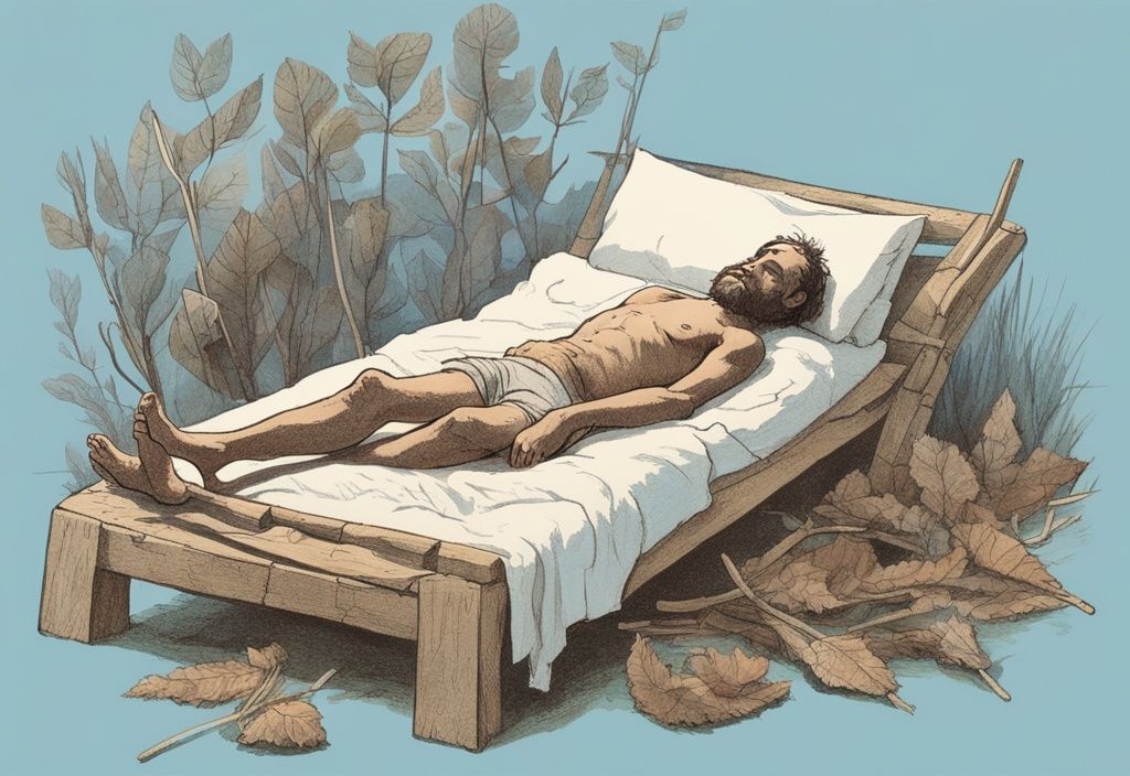 Neolithischer Mann, der das Bett erfunden hat, arbeitet an einem primitiven Bett aus Blättern, Stroh und Tierfellen, Vintage-Skizze in hellblauen Farbtönen.