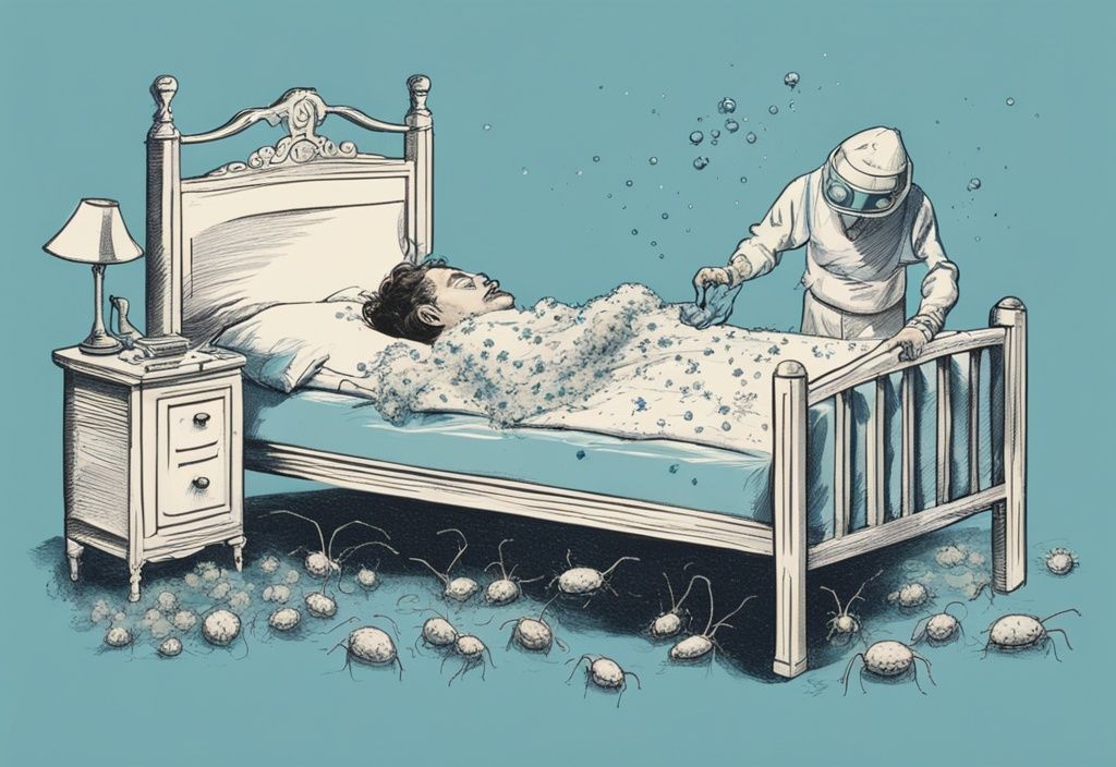 Vintage-Skizzenillustration eines von Milben befallenen Bettes, eine unsichtbare Person sprüht ein natürliches Abwehrmittel, Milben verschwinden, Hauptfarbe hellblau