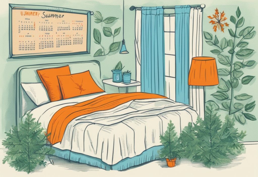 Vintage-Skizzenillustration mit hellblauem Farbschema, Kalender an der Wand mit durchgestrichenen grünen Blättern für Sommer und orangefarbenen Blättern für Herbst, hellblaue Schneeflocke für Winter markiert, daneben frisch gefaltete Bettwäsche; wie oft Bettwäsche wechseln Winter.