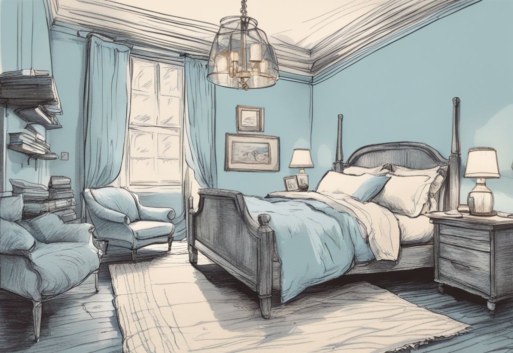 Vintage-Skizzenillustration eines gemütlichen Schlafzimmers mit Bett und leichter, atmungsaktiver Musselin-Bettwäsche in sanften, beruhigenden Blautönen.