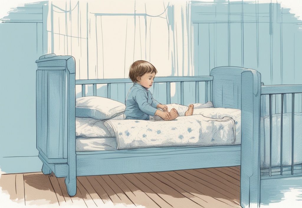 Vintage-Skizze eines Kindes, das vom Kinderbett zu einem Montessori-Bett wechselt, mit hellblauem Farbschema und Fokus auf niedriger Bauweise und Sicherheitsaspekten.