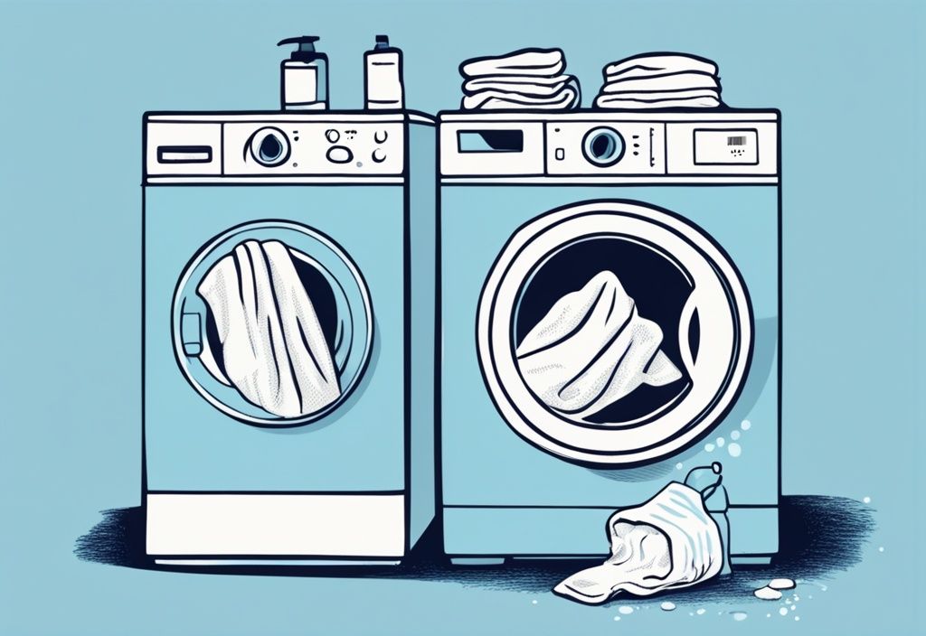 Vintage-Skizzenillustration von frischer Bettwäsche, die in eine Waschmaschine gelegt wird, mit einem Flaschendetergent und einem weichen, sprudelnden Waschzyklus im Hintergrund, Bettwäsche waschen.