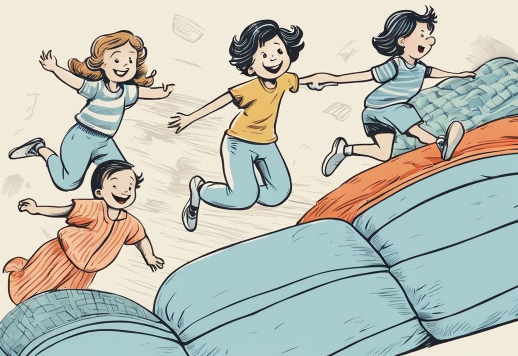Vintage-Skizze mit mehreren Kindern, die auf bunten, kinderfreundlichen Matratzen springen, welche Matratze für Kinder