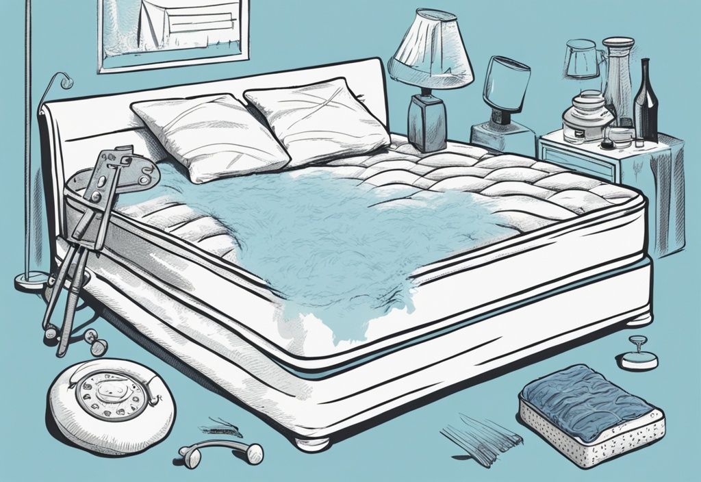 Vintage-Skizzenillustration in Hellblau: Person testet eine Plüschmatratze mit verwirrtem Gesichtsausdruck, umgeben von verschiedenen Werkzeugen und Objekten zur Matratzenhärte. Matratze zu weich was tun?