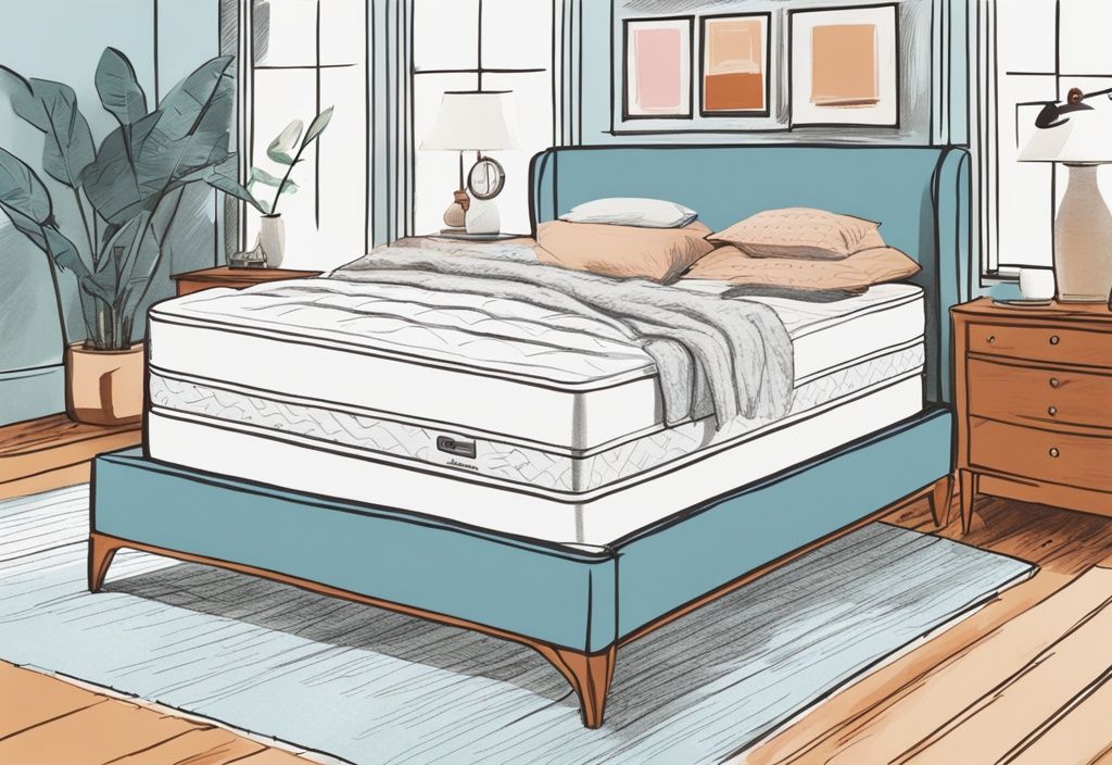 Vintage-Skizze, hellblaues Farbschema, Emma Matratze im ruhigen Schlafzimmer, Pfeile zeigen die richtige Ausrichtung, Emma Matratze wie rum