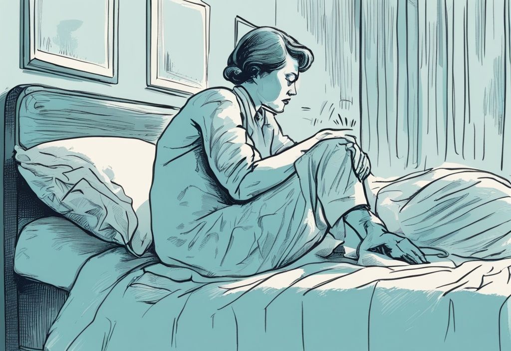 Vintage-Skizze mit hellblauem Farbschema: Person grimassiert und hält sich den Fuß im Bett, zeigt Unbehagen durch Fersenschmerzen im Bett.